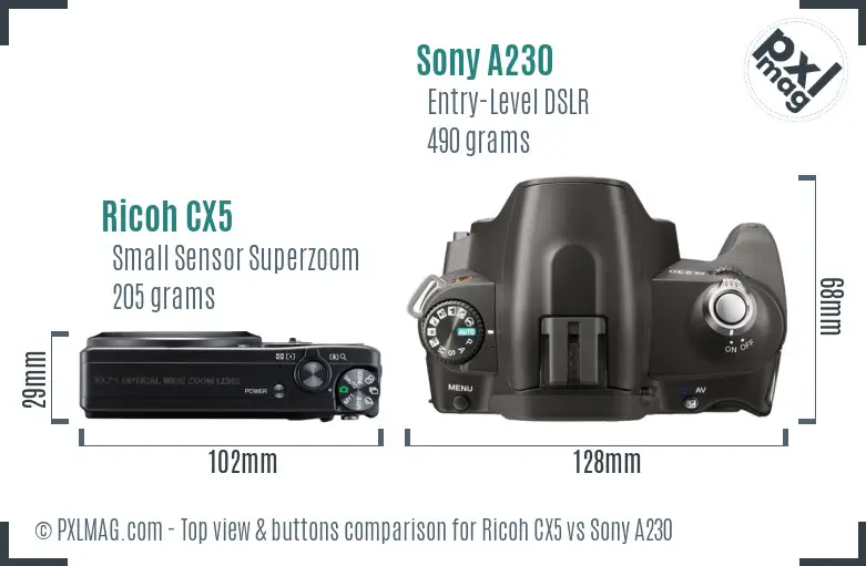 Ricoh CX5 vs Sony A230 top view buttons comparison
