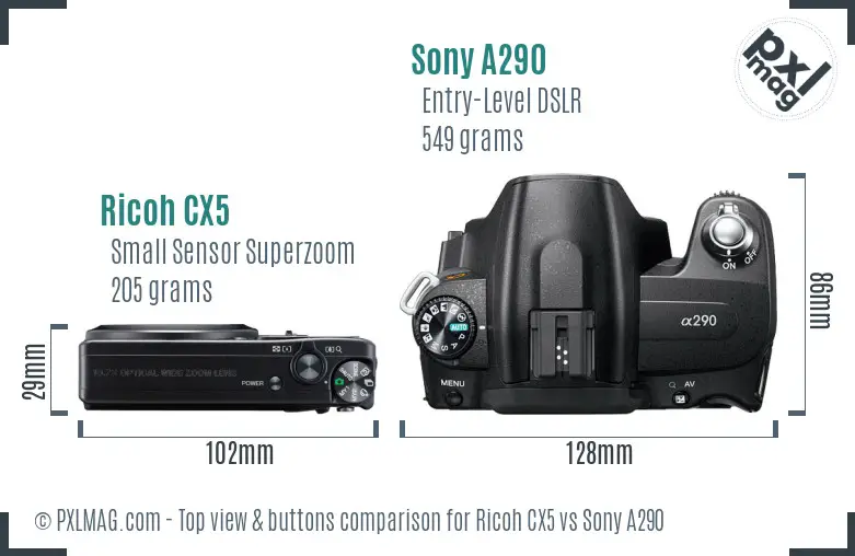 Ricoh CX5 vs Sony A290 top view buttons comparison