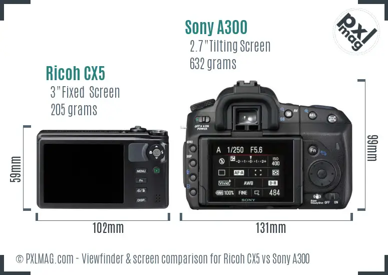 Ricoh CX5 vs Sony A300 Screen and Viewfinder comparison