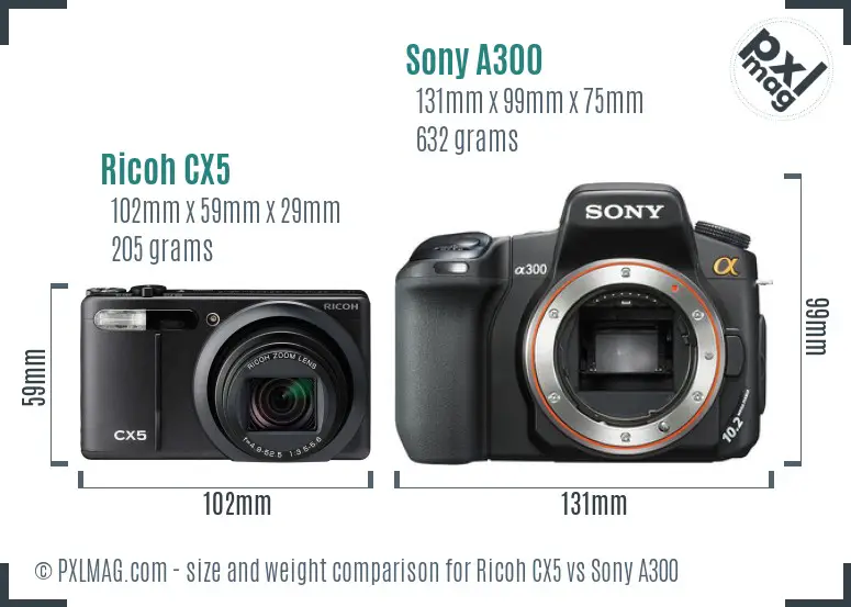 Ricoh CX5 vs Sony A300 size comparison