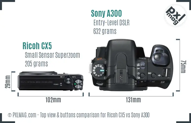 Ricoh CX5 vs Sony A300 top view buttons comparison