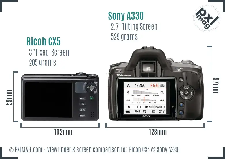 Ricoh CX5 vs Sony A330 Screen and Viewfinder comparison