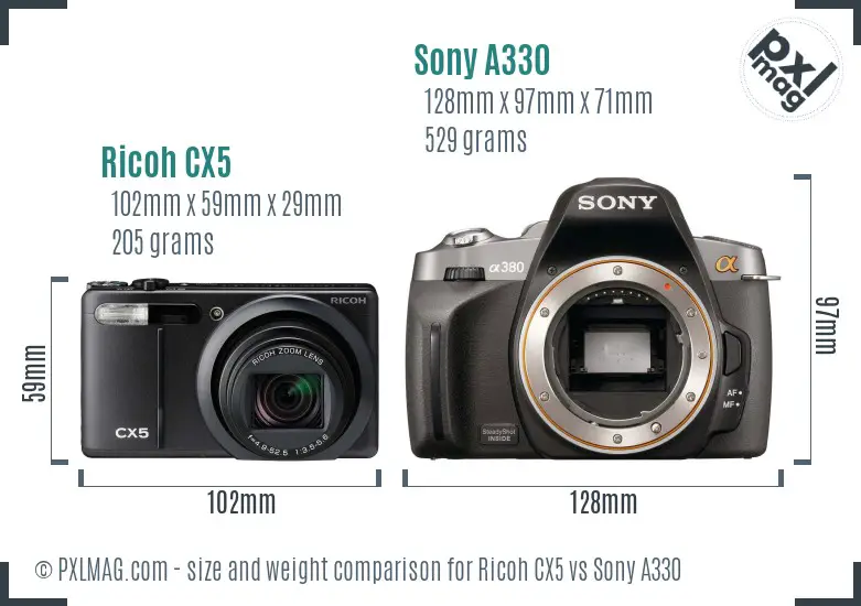 Ricoh CX5 vs Sony A330 size comparison