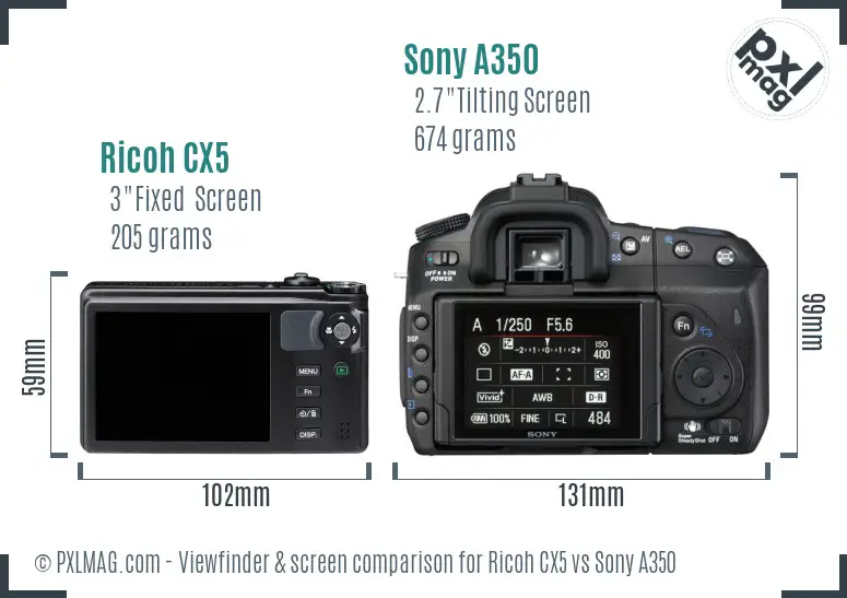 Ricoh CX5 vs Sony A350 Screen and Viewfinder comparison Ricoh CX5 vs Sony A350 Screen and Viewfinder comparison