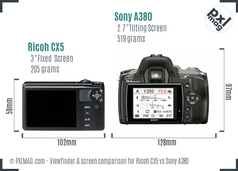 Ricoh CX5 vs Sony A380 Screen and Viewfinder comparison