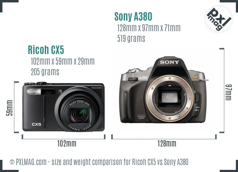 Ricoh CX5 vs Sony A380 size comparison