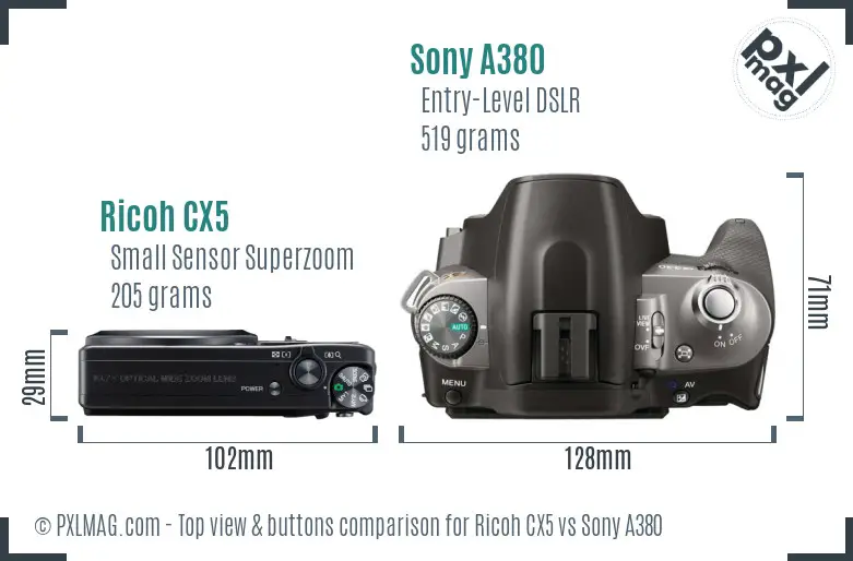 Ricoh CX5 vs Sony A380 top view buttons comparison