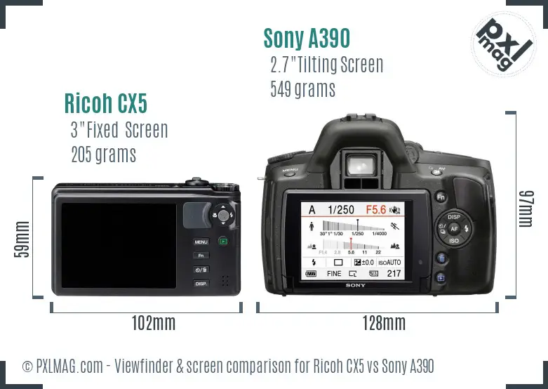 Ricoh CX5 vs Sony A390 Screen and Viewfinder comparison