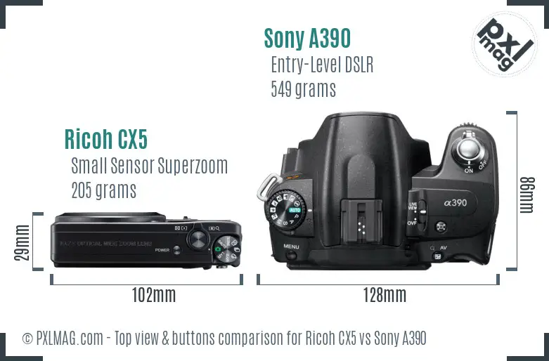 Ricoh CX5 vs Sony A390 top view buttons comparison