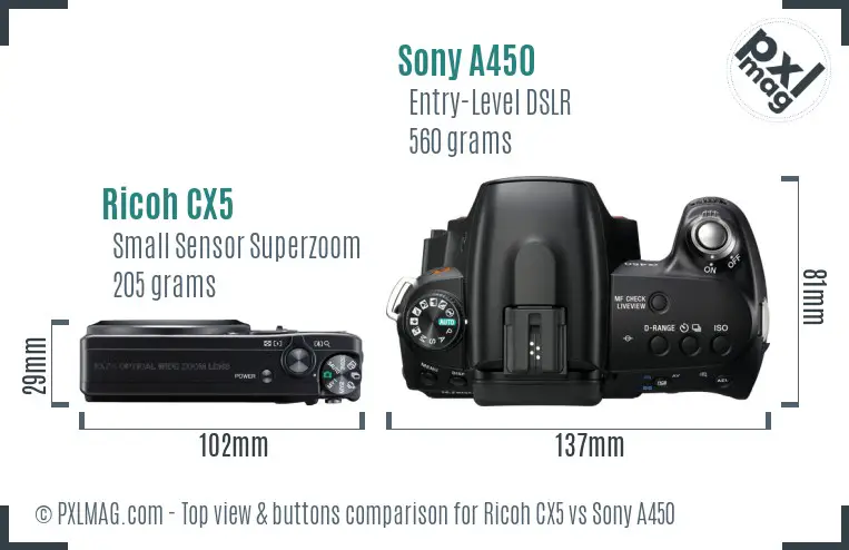 Ricoh CX5 vs Sony A450 top view buttons comparison