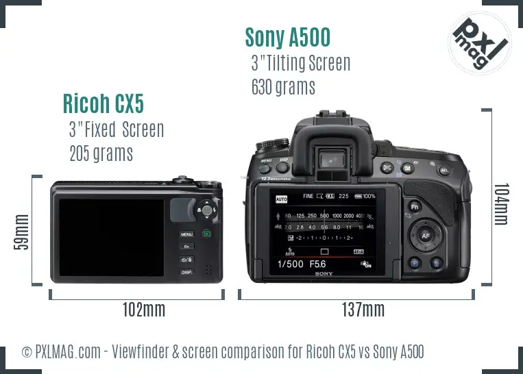 Ricoh CX5 vs Sony A500 Screen and Viewfinder comparison