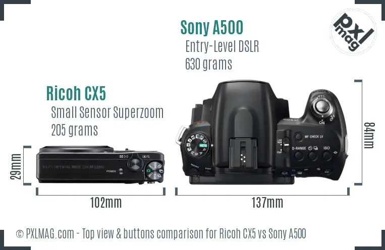 Ricoh CX5 vs Sony A500 top view buttons comparison