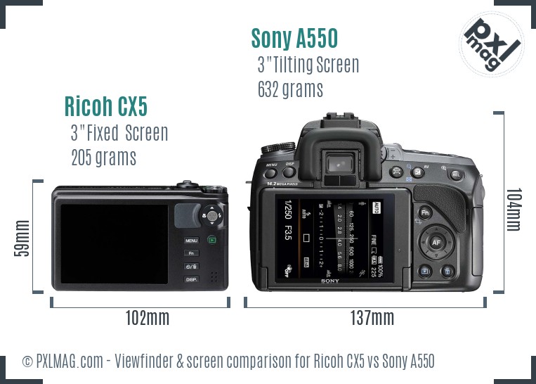 Ricoh CX5 vs Sony A550 Screen and Viewfinder comparison