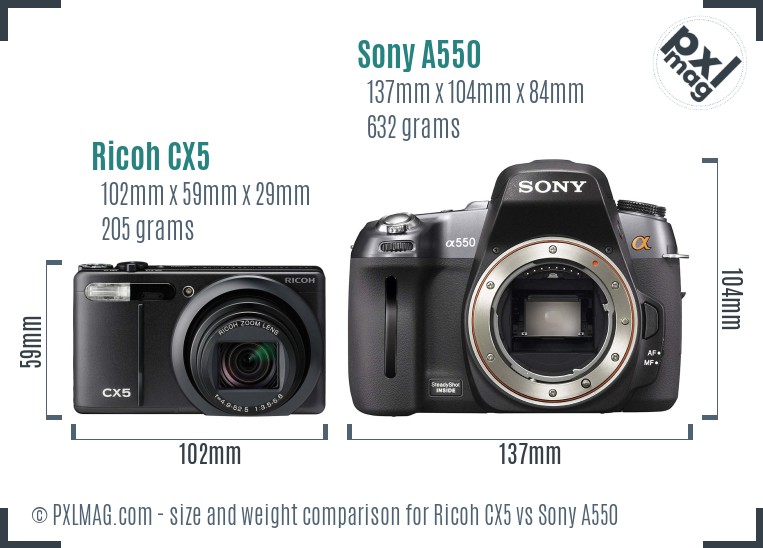 Ricoh CX5 vs Sony A550 size comparison