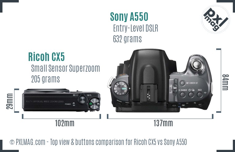 Ricoh CX5 vs Sony A550 top view buttons comparison