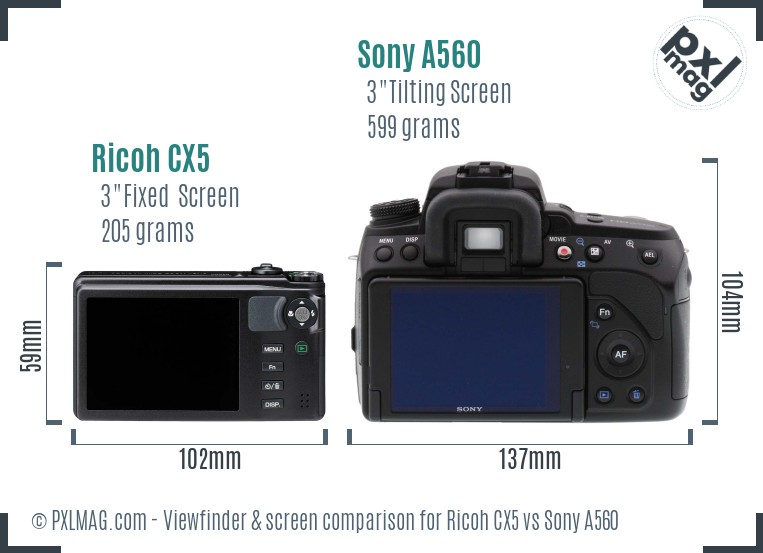 Ricoh CX5 vs Sony A560 Screen and Viewfinder comparison