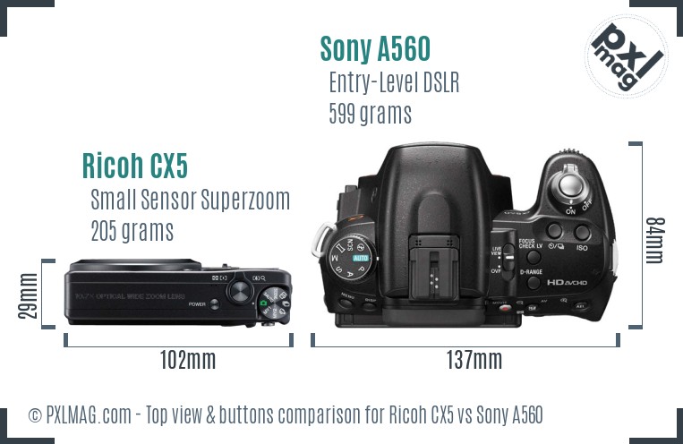 Ricoh CX5 vs Sony A560 top view buttons comparison