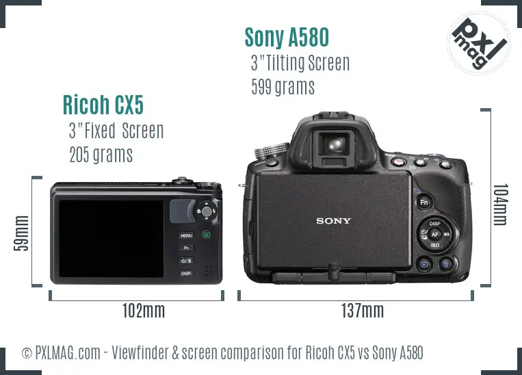 Ricoh CX5 vs Sony A580 Screen and Viewfinder comparison