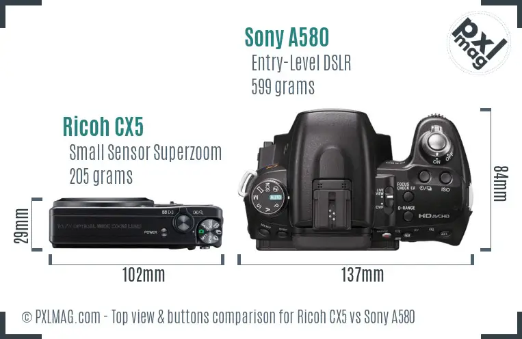 Ricoh CX5 vs Sony A580 top view buttons comparison