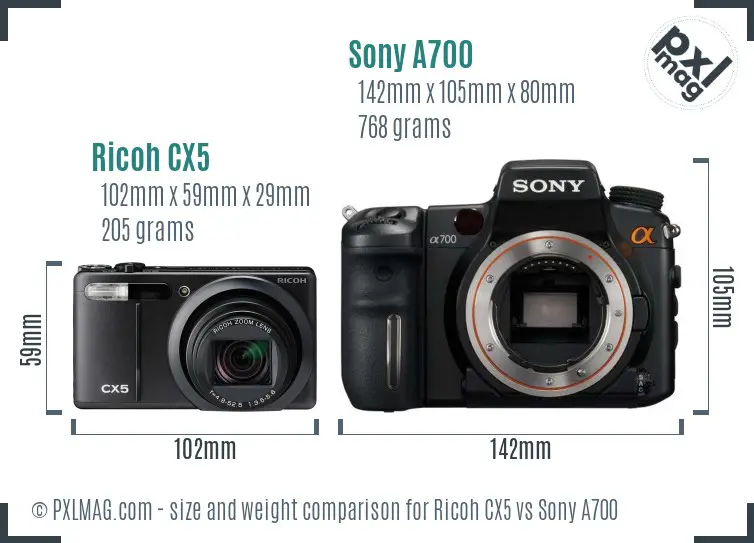 Ricoh CX5 vs Sony A700 size comparison