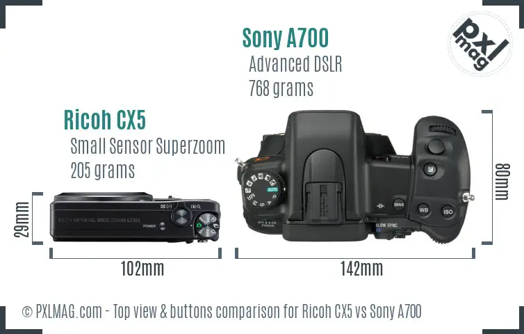 Ricoh CX5 vs Sony A700 top view buttons comparison