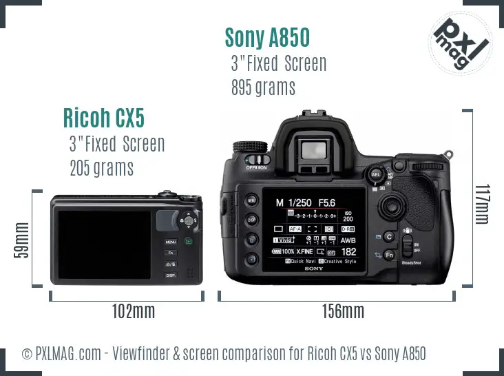 Ricoh CX5 vs Sony A850 Screen and Viewfinder comparison