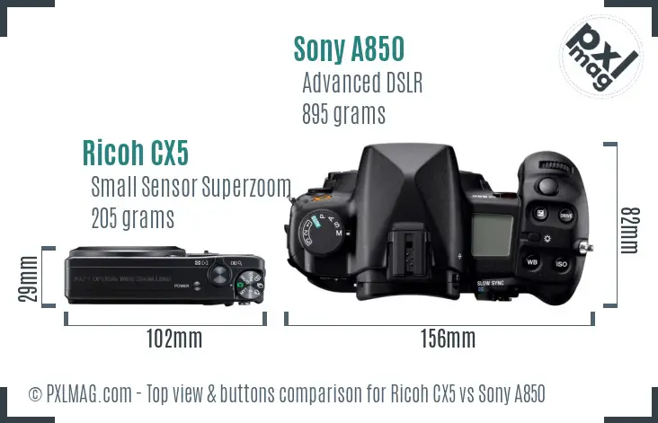 Ricoh CX5 vs Sony A850 top view buttons comparison