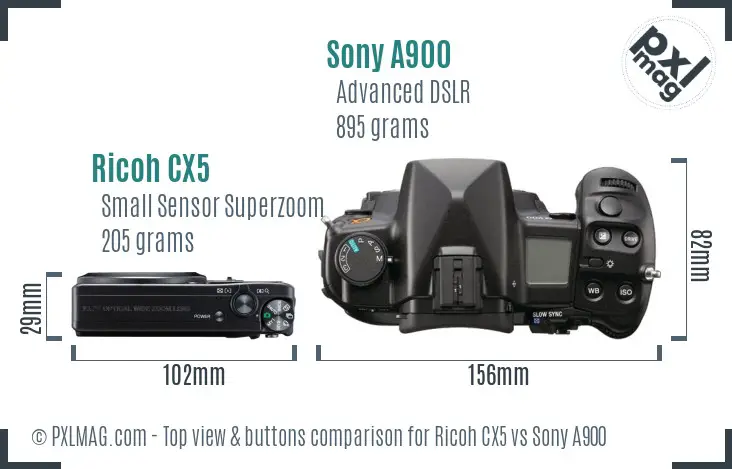Ricoh CX5 vs Sony A900 top view buttons comparison