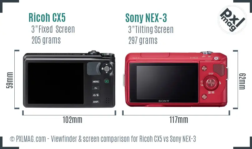 Ricoh CX5 vs Sony NEX-3 Screen and Viewfinder comparison