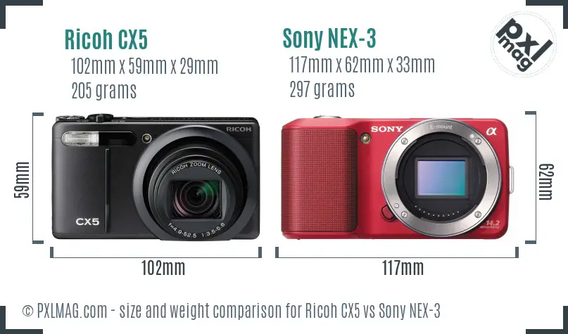 Ricoh CX5 vs Sony NEX-3 size comparison