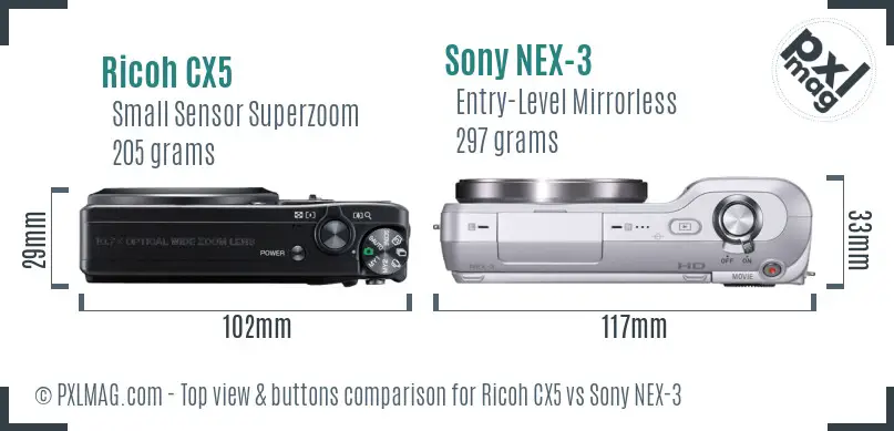 Ricoh CX5 vs Sony NEX-3 top view buttons comparison