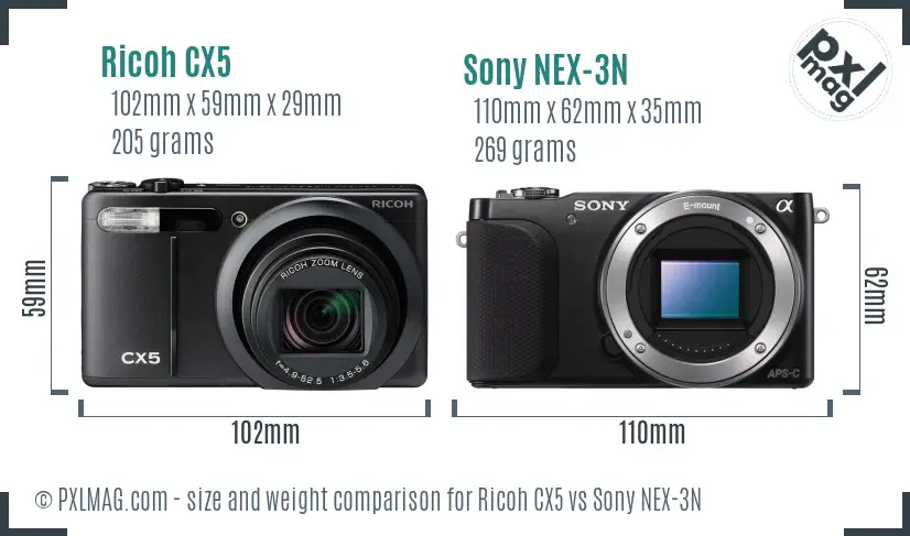 Ricoh CX5 vs Sony NEX-3N size comparison