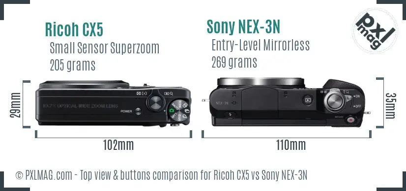 Ricoh CX5 vs Sony NEX-3N top view buttons comparison