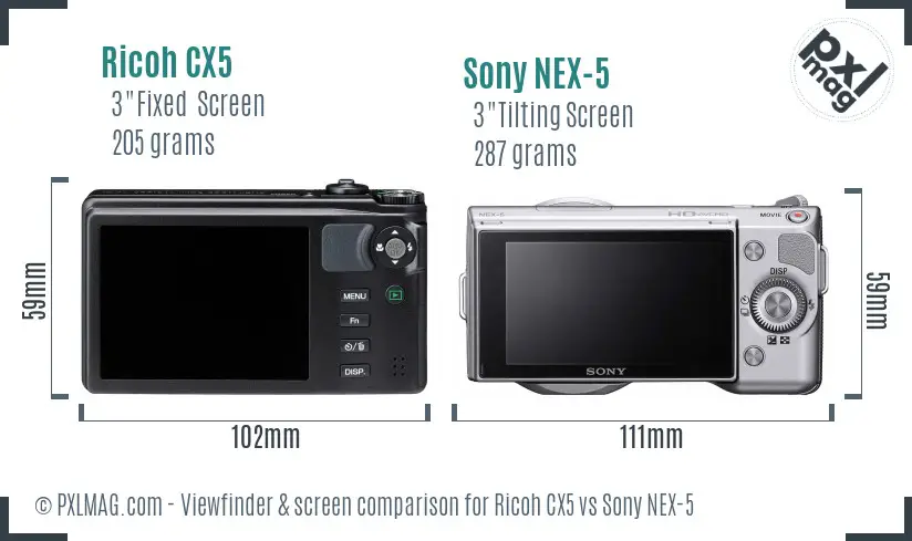 Ricoh CX5 vs Sony NEX-5 Screen and Viewfinder comparison