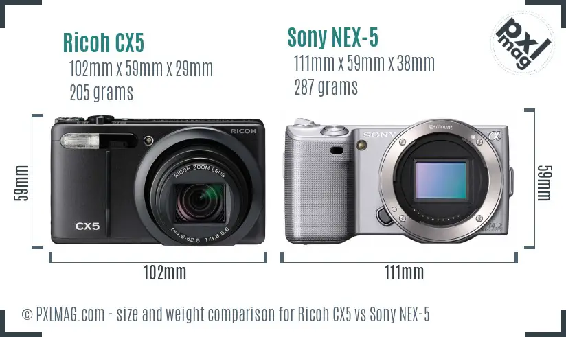 Ricoh CX5 vs Sony NEX-5 size comparison