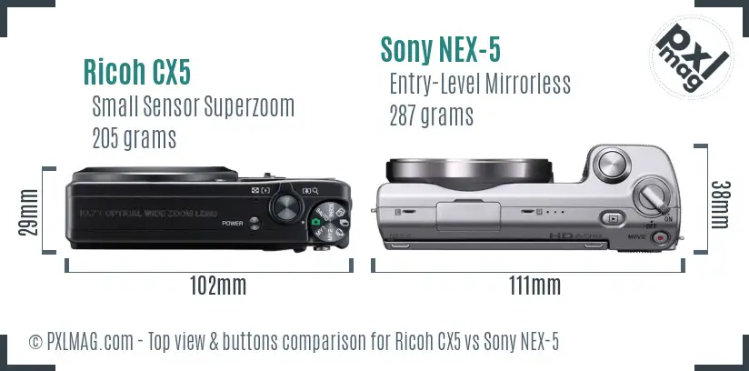 Ricoh CX5 vs Sony NEX-5 top view buttons comparison