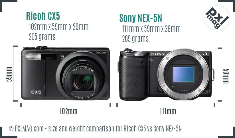 Ricoh CX5 vs Sony NEX-5N size comparison