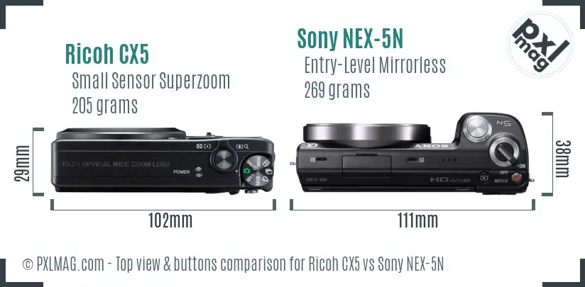 Ricoh CX5 vs Sony NEX-5N top view buttons comparison