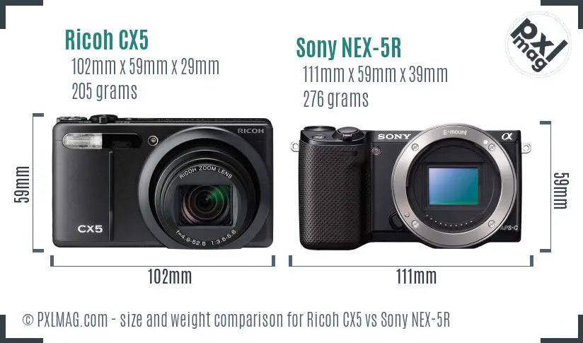 Ricoh CX5 vs Sony NEX-5R size comparison