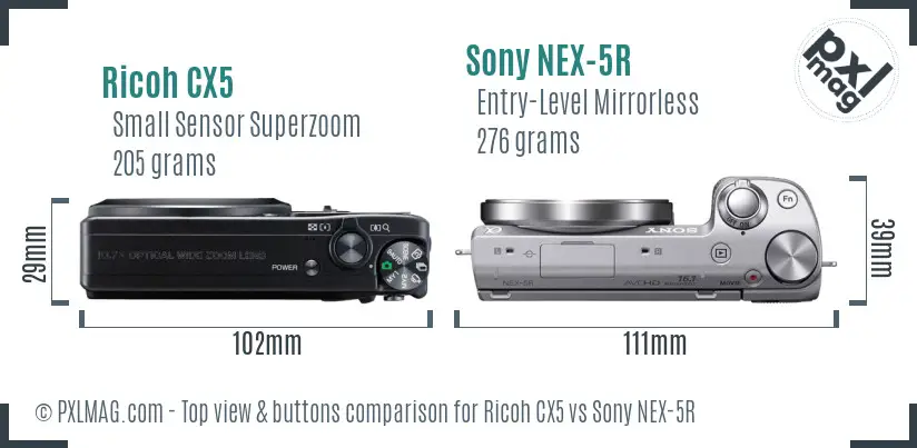 Ricoh CX5 vs Sony NEX-5R top view buttons comparison