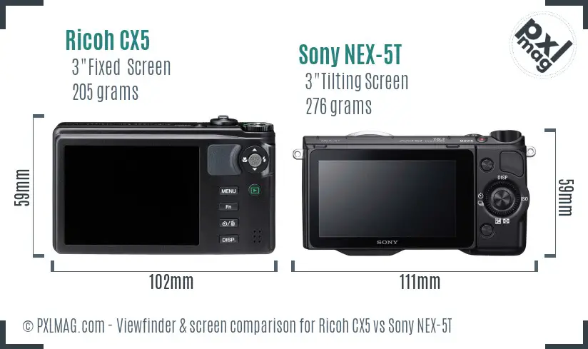 Ricoh CX5 vs Sony NEX-5T Screen and Viewfinder comparison