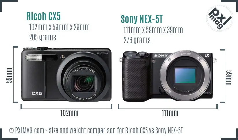 Ricoh CX5 vs Sony NEX-5T size comparison