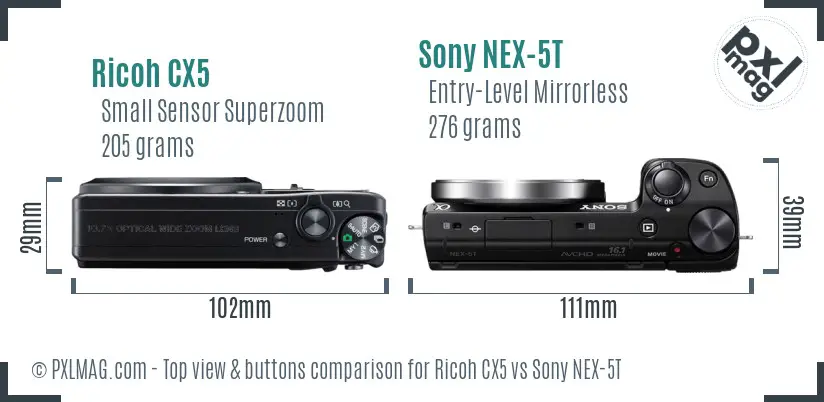 Ricoh CX5 vs Sony NEX-5T top view buttons comparison