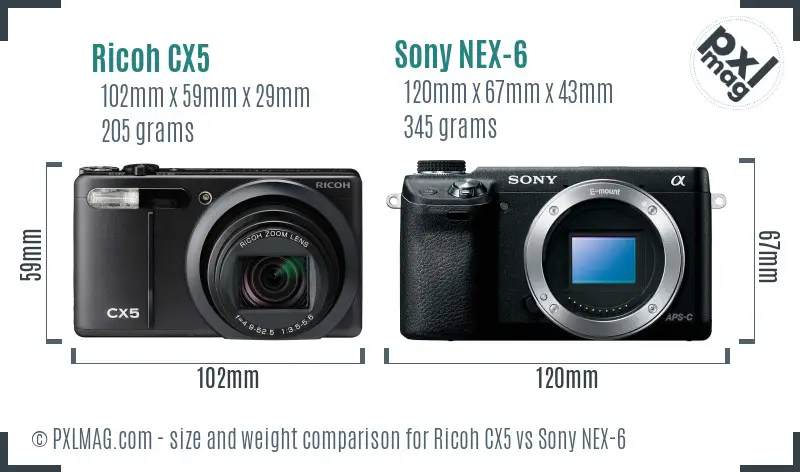 Ricoh CX5 vs Sony NEX-6 size comparison