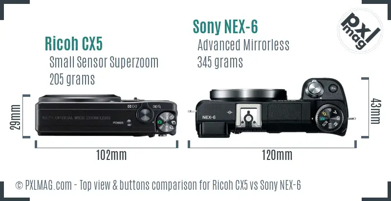 Ricoh CX5 vs Sony NEX-6 top view buttons comparison