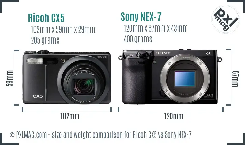 Ricoh CX5 vs Sony NEX-7 size comparison