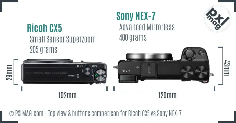 Ricoh CX5 vs Sony NEX-7 top view buttons comparison