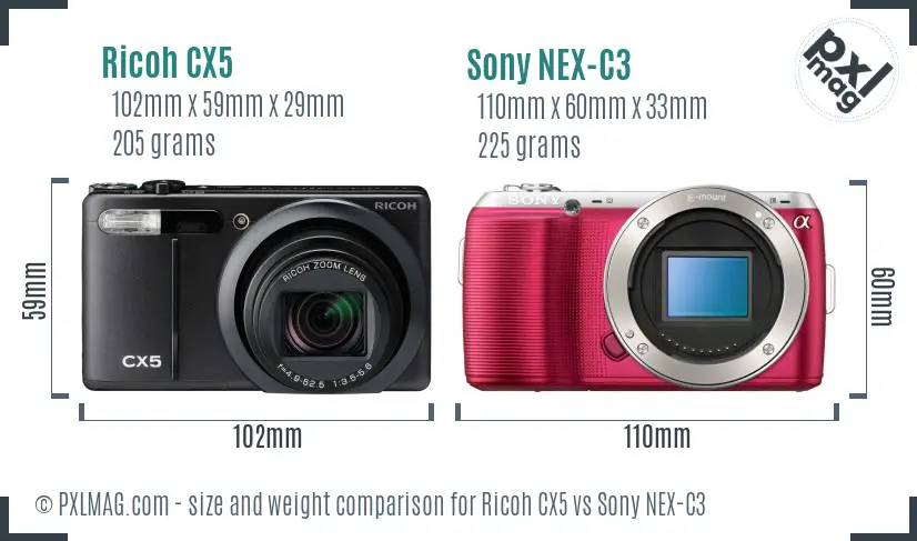 Ricoh CX5 vs Sony NEX-C3 size comparison