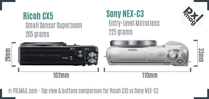 Ricoh CX5 vs Sony NEX-C3 top view buttons comparison