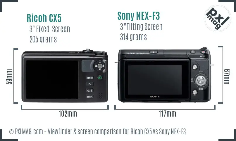 Ricoh CX5 vs Sony NEX-F3 Screen and Viewfinder comparison